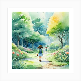 Watercolor Of A Girl Walking In The Park Art Print