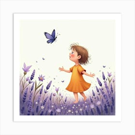 Toddler Chasing A Butterfly In A Watercolor Field Of Lavender Flowers Art Print