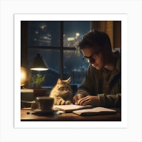 A person studying with a cat Art Print