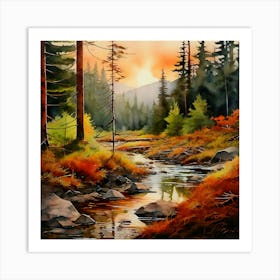 Watercolor A Serene Landscape In Gifford Pinchot National Forest Bathed In Shades Of Terracotta Art Print