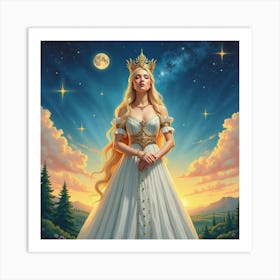 Dignified Queen With Watercolor Celestial Landscape 1 Art Print