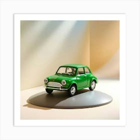 A Vibrant, Bright Green, Miniature Car, No Larger Than A Toy, Sits Atop A Smooth, Grey Asphalt (3) (1) Art Print