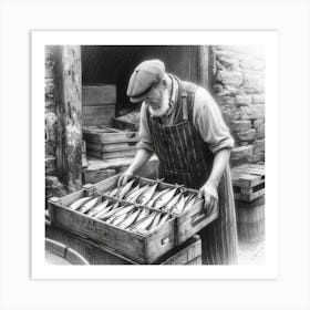 Fisherman Preparing Fish Art Print