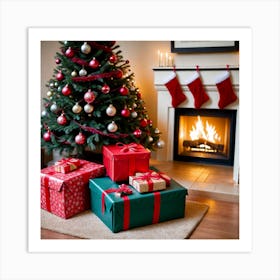 Christmas Presents In Front Of Fireplace 10 Art Print