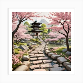 Japenese Pagoda Landscape With Moon Art Print (3) Art Print