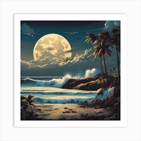 Full Moon, Sandy Parking Lot, Surfboards, Palm Trees, Beach, Whitewater, Surfers, Waves, Ocean, Clou (2) Art Print