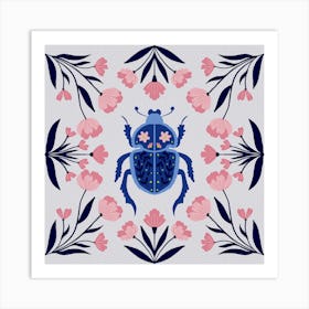 Beetle and flowers - peach and blue Art Print