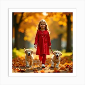 Little Girl With Dogs In Autumn 1 Art Print