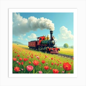 Charming Old Fashioned Locomotive Passing Through A Vibrant Meadow 1 Art Print