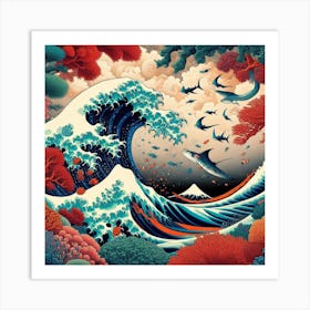 Dance of the Coral Kingdoms, Inspired by Hokusai's iconic Great Wave and Japanese woodblock prints 2 Art Print