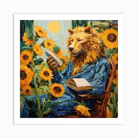 Bear Reading Sunflowers Art Print