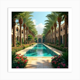 Lush Egyptian Garden Filled With Exotic Flowers And Palm Trees 1 Art Print