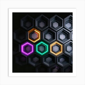 Hexagonal shapes with neon lights, futuristic, cyberpunk, background 13 Art Print