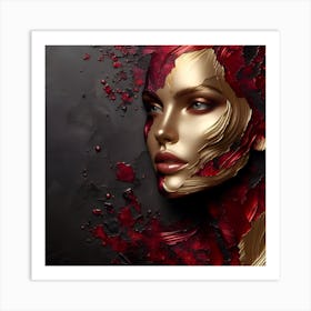 Portrait Of An Abstract Woman's Face - An Embossed Artwork In Blood Red And Gold On Charcoal Background. Art Print