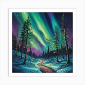 Aurora Borealis Starry Pathway Vibrant Landscape Art W 3 Art Print