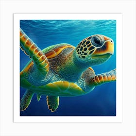 A photo of a Green Sea Turtle (Chelonia mydas) swimming gracefully through the deep blue ocean. The turtle's vibrant green shell and yellow-orange flippers are illuminated by the sunlight filtering through the water. The turtle's serene expression and slow, steady movements create a sense of peace and tranquility. The image captures the beauty and wonder of the underwater world and the importance of protecting and preserving our oceans. Art Print