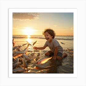 Child In Mid Laughter Reaches Out Towards A Shoal Of Silver Scaled Fish Near Shoreline Soft Sunset (1) Art Print