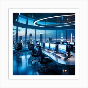 Corporate Office Interior With Sleek High Tech Workstations Utilizing Cyber Intelligence Technology (1) Art Print