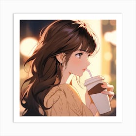 Anime Girl Drinking Coffee 1 Art Print