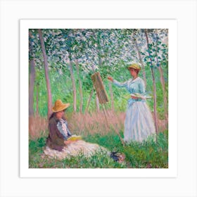 In The Woods At Giverny, Blanche Hoschedé At Her Easel With Suzanne Hoschedé Reading (1887), Claude Monet Art Print