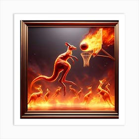 A Bouncing Kangaroo Playing Basketball With Fire, Inspired By The Kinetic Sculptures Of Alexander Calder, With A Fiery Red And Orange Palette, Where The Fire Is In Focus And The Rest Of The Scene Is Blurred 2 Art Print