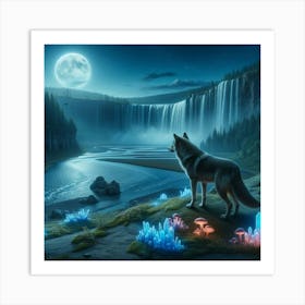 Wolf In The Crystal Mushroom Moonlight Staring at Waterfalll Art Print