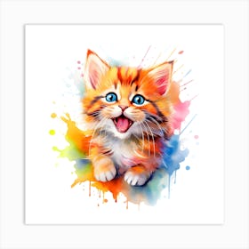 Cute Happy Playful Colorful Kitten Watercolor Painting Style Art Print