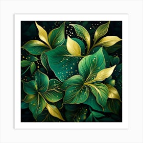 Green Leaves On The Black Background Art Print