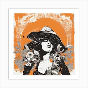 A Silhouette Of A Banana Wearing A Black Hat And Laying On Her Back On A Orange Screen, In The Style (2) Art Print