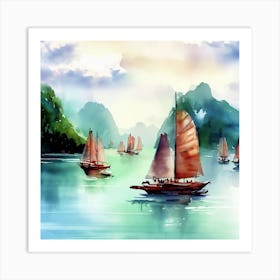 Watercolor Boats In The Water, Hạ Long Bay 2 Art Print