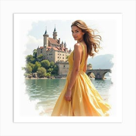 Elegant Italian Woman In Watercolor, With A Historic Castle In The Background Art Print