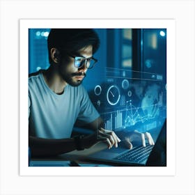 Man Working On Laptop At Night Art Print