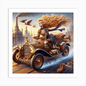 Steampunk Girl In Car 1 Art Print