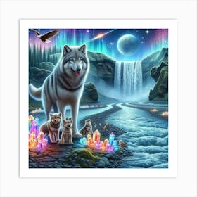 Wolf Family by Crystal Waterfall Under Full Moon and Aurora Borealis 3 Art Print