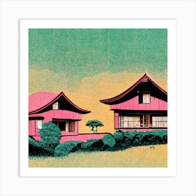 Retro Japanese Homes Square Art Print