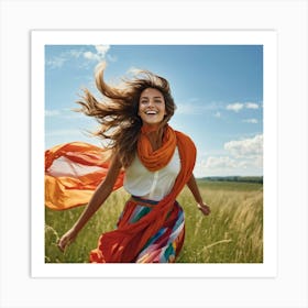 A Youthful Female Exuding Vitality Engaged In Jumping With Unrestrained Joy Sporting Healthy Slim (3) Art Print