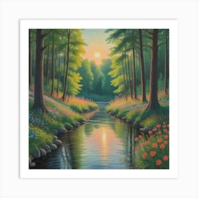 Sunset Serenity Blossoms By The Tranquil Stream (5) Art Print