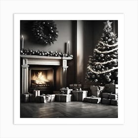 Christmas Presents Under Christmas Tree At Home Next To Fireplace Black And White Still Digital Ar (14) Art Print