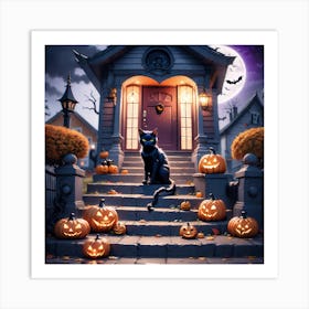 Halloween House With Cat And Pumpkins 1 Art Print