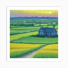 Serene Country Living Farmhouse at Dusk Blue House In A Yellow Field Art Print