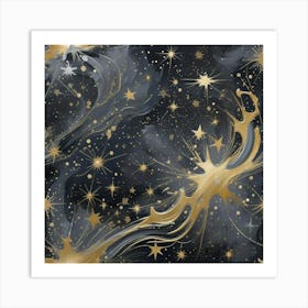 Gold Stars On Black Background Art Print