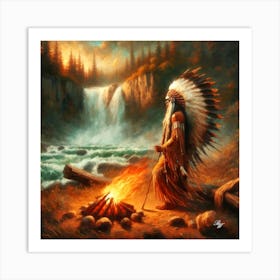 Oil Texture Native American Indian Maiden By Stream Copy Art Print