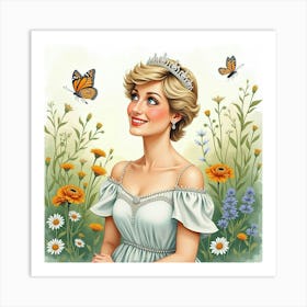 Watercolor Princess Diana In A Tranquil Garden With Butterflies 1 Art Print