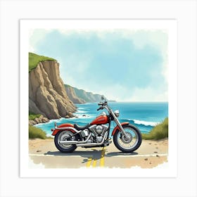 Chopper Bike On A Rugged Coastal Road With Waves Watercolor 1 Art Print