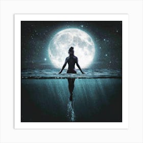 Moonlit Reflections: A Stunning Image of a Woman in Water Under a Full Moon Art Print