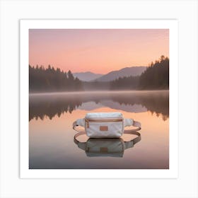 A White Fanny Pack With Gold Accents Displayed On A Calm Lake Reflecting A Misty Mountain Sunrise Art Print