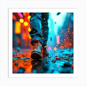 Wreck Havoc AI Art Illustration Photo Realism Gigantic Shoe Stepping on Neon Style With Depth effect and cinematic ambiance. Art Print