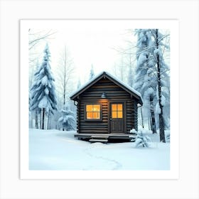 Cabin In The Winter Woods Surrounded By Snow And Frosty Trees Art Print