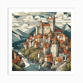 Medieval Village And River Cubism Style Art Print