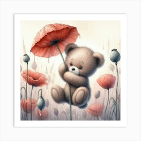 Teddy Bear With Poppies Art Print